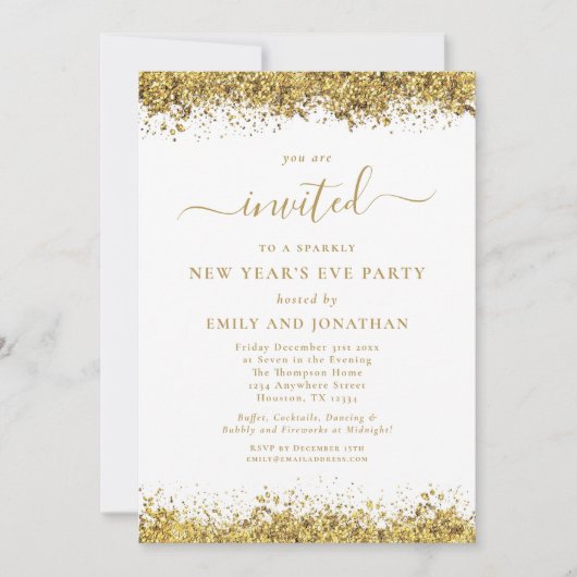 Elegant Gold Glitter Script New Years Eve Party Kaart (Voorkant)