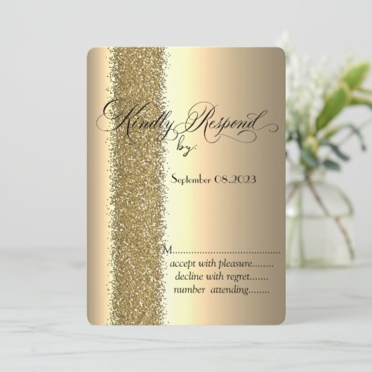 Elegant Gold Glitter Script RSVP Kaart (Staand voorkant)