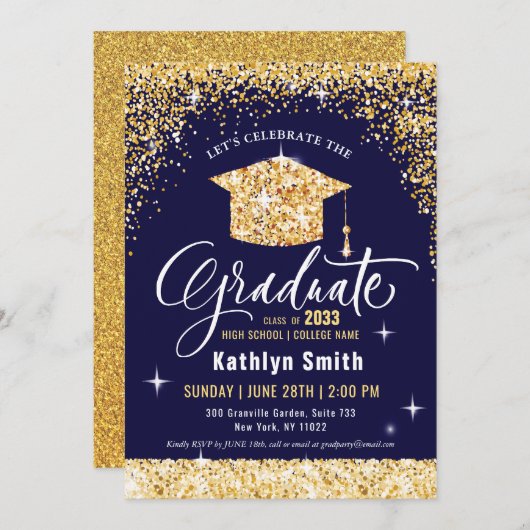 Elegant Gold Glitter Script Sparking Afstuderen Kaart (Voorkant / Achterkant)