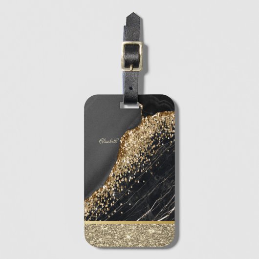 Elegant Gold Glitter Sequins Black Marble Bagagelabel (Voorkant (verticaal))