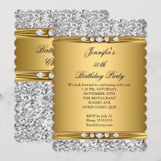 Elegant Gold Glitter Silver Diamond Birthday Kaart (Voorkant / Achterkant)