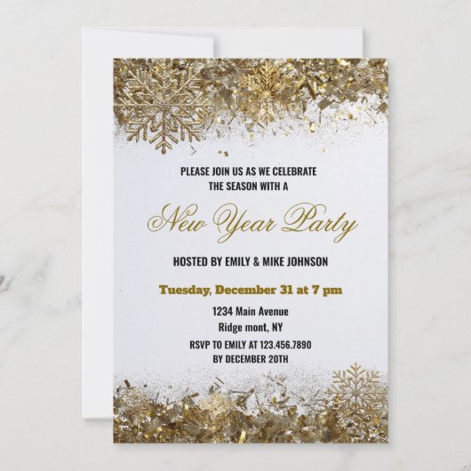 Elegant Gold Glitter Snowflake New Year Party Kaart (Voorkant)