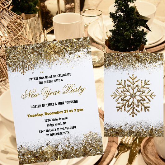 Elegant Gold Glitter Snowflake New Year Party Kaart