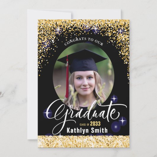 Elegant Gold Glitter Sparking Photo Afstuderen Aankondiging (Voorkant)