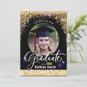 Elegant Gold Glitter Sparking Photo Afstuderen Aankondiging (Staand voorkant)