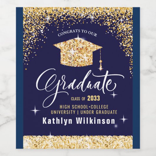 Elegant Gold Glitter Sparking Photo Afstuderen Wijn Etiket (Enkel label)