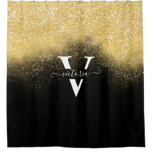 Elegant Gold Glitter Sparkle Monogram Black Aangep Douchegordijn (Voorkant)