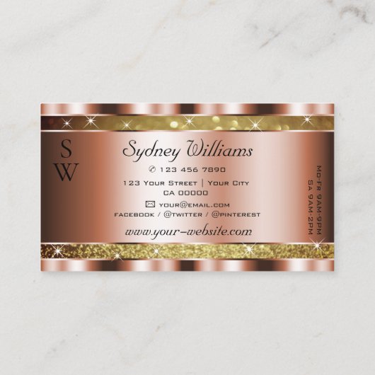 Elegant Gold Glitter Stars Monogram Roos Golden Visitekaartje (Achterkant)