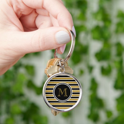 Elegant Gold Glitter Stripes Monogram Sleutelhanger (Hand)