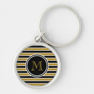 Elegant Gold Glitter Stripes Monogram Sleutelhanger