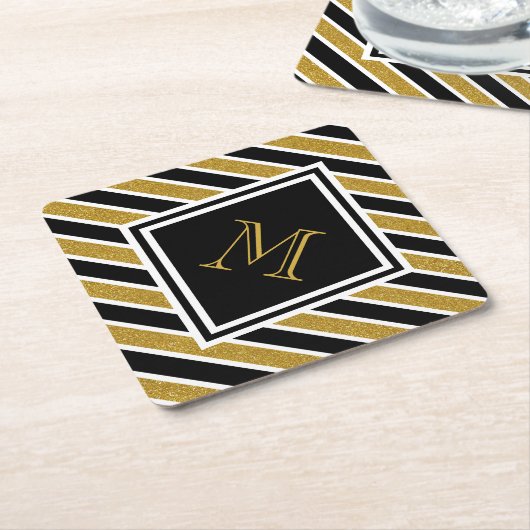 Elegant Gold Glitter Stripes Monogramed Kartonnen Onderzetters (Schuin)