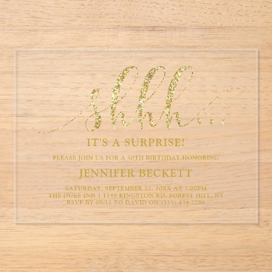 Elegant Gold Glitter Surprise Birthday Party Acryl Uitnodigingen (Voorkant)