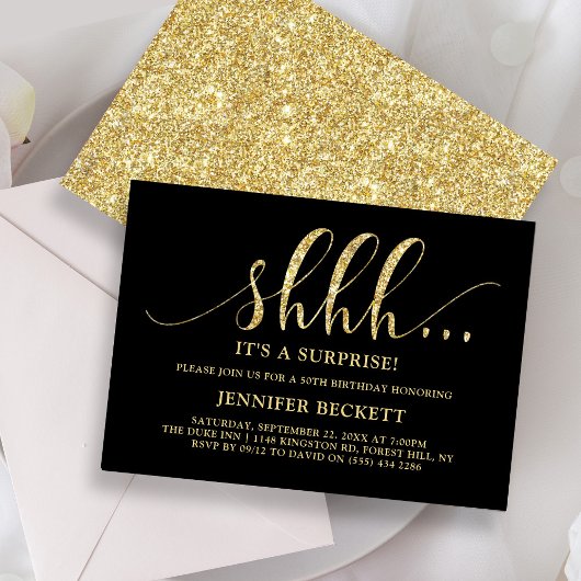 Elegant Gold Glitter Surprise Birthday Party Kaart