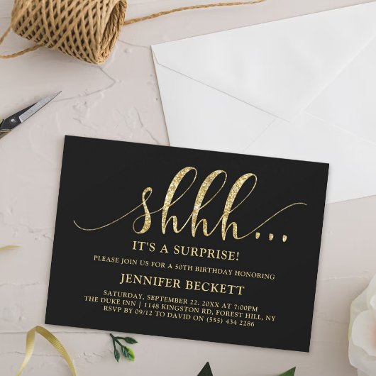 Elegant Gold Glitter Surprise Birthday Party Kaart