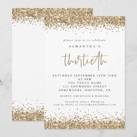Elegant Gold Glitter Thirty Party Kaart (Voorkant / Achterkant)