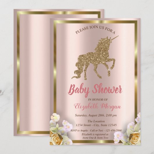 Elegant Gold Glitter Unicorn Florence Baby shower  Kaart (Voorkant / Achterkant)