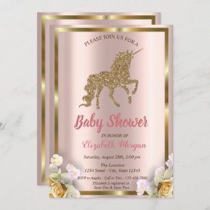 Elegant Gold Glitter Unicorn Florence Baby shower  Kaart