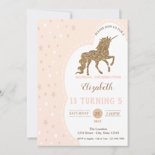 Elegant Gold Glitter Unicorn, Stars Birthday Kaart (Voorkant)