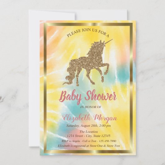 Elegant Gold Glitter Unicorn Tie Dye Baby shower Kaart (Voorkant)