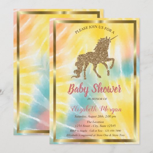 Elegant Gold Glitter Unicorn Tie Dye Baby shower Kaart (Voorkant / Achterkant)
