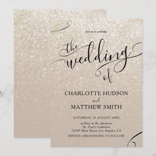 Elegant Gold Glitter Wedding Invitation Kaart (Voorkant / Achterkant)