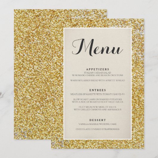 Elegant Gold Glitter Wedding Menu Card (Voorkant / Achterkant)