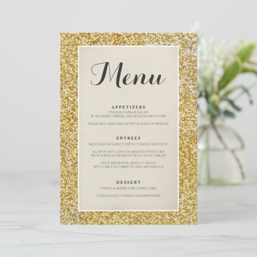 Elegant Gold Glitter Wedding Menu Card (Staand voorkant)