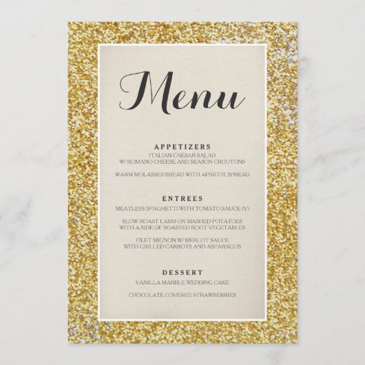 Elegant Gold Glitter Wedding Menu Card (Voorkant)