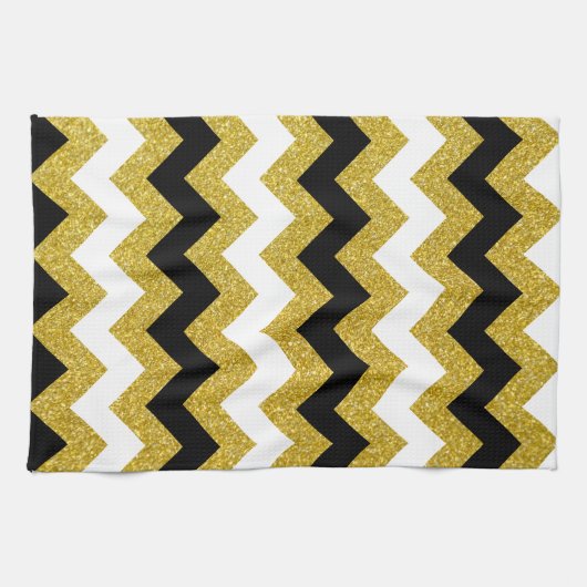 Elegant Gold Glitter White Black Chevron Theedoek (Horizontaal)