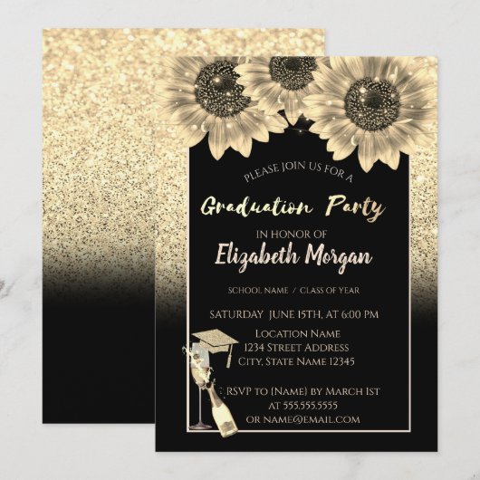 Elegant Gold Glitter, Wijn, Glass, Zonnebloemen Kaart (Voorkant / Achterkant)