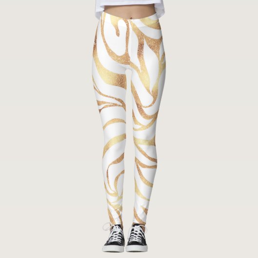 Elegant Gold Glitter Zebra White Animal Print Leggings (Voorkant)
