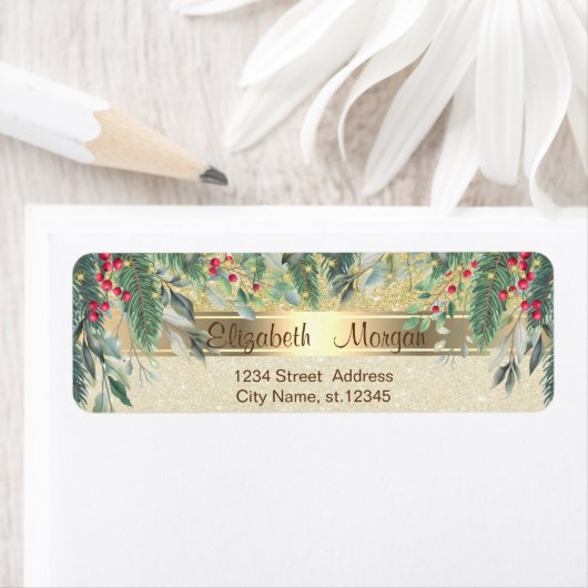 Elegant Gold Glittery Pine Tree Branches met kerst Etiket (Insitu)