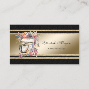 Elegant Gold Glittery Stripes Black Floral Mixer Visitekaartje