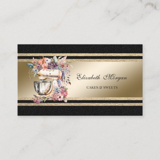 Elegant Gold Glittery Stripes Black Floral Mixer Visitekaartje (Voorkant)