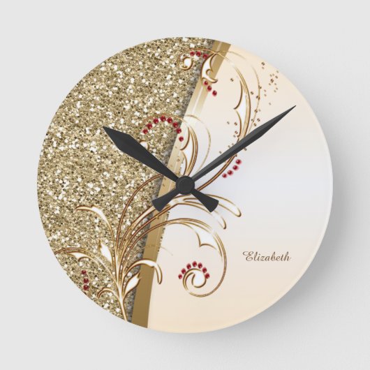 Elegant Gold Glittery Swirls Ronde Klok (Voorkant)