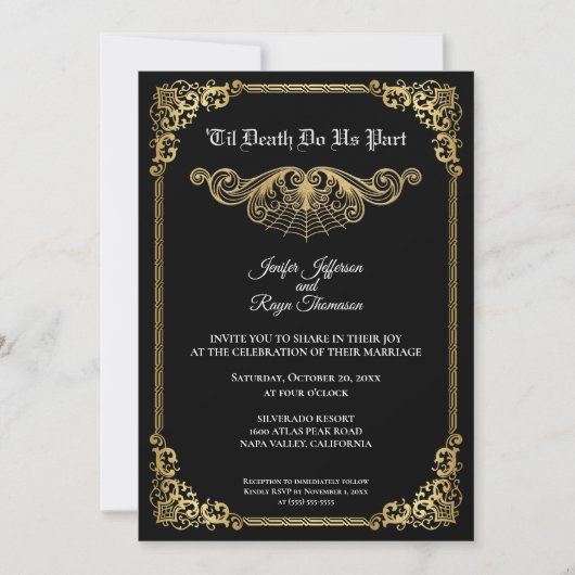 Elegant gold Gothic Halloween wedding Invitation Kaart (Voorkant)