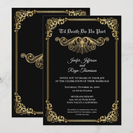 Elegant gold Gothic Halloween wedding Invitation Kaart (Voorkant / Achterkant)