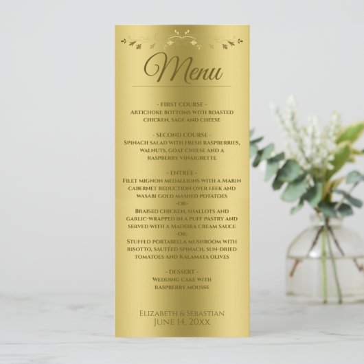 Elegant Gold gradiënt en Vintage Filigree Wedding Menu (Staand voorkant)