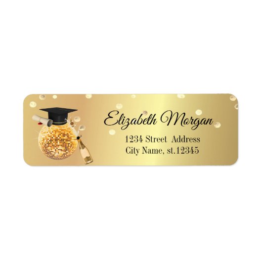 Elegant Gold Graduation Cap, Disco Ball, Confetti Etiket (Voorkant)