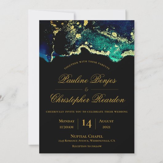 Elegant Gold Green Black Wedding Invitation Kaart (Voorkant)