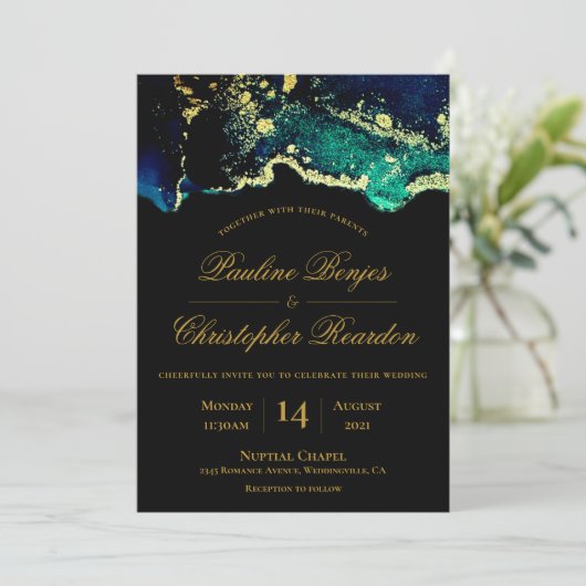 Elegant Gold Green Black Wedding Invitation Kaart (Staand voorkant)
