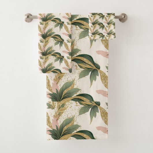 Elegant Gold & Green Botanical Leaf Pattern Bad Handdoek (Insitu)