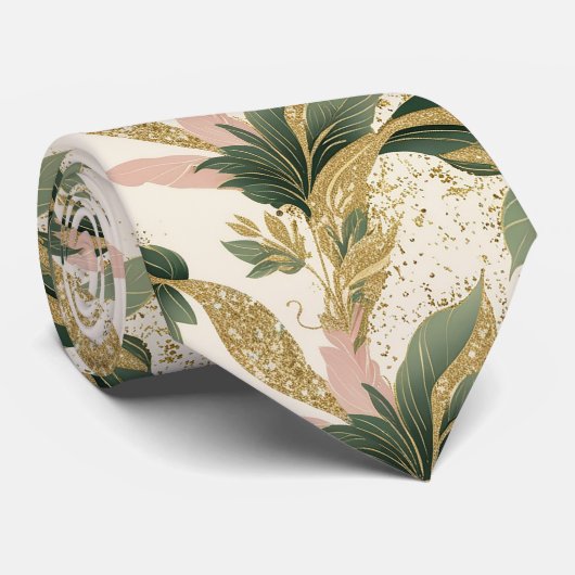 Elegant Gold & Green Botanical Leaf Pattern Stropdas (Opgerold)