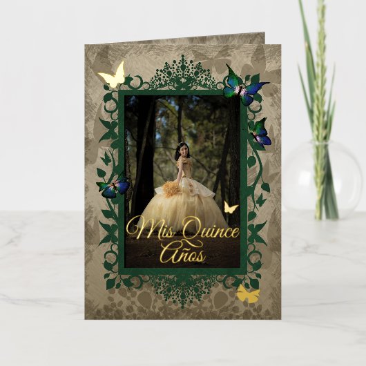 Elegant Gold Green Butterflies Quinceanera Invite Folie Wenskaart (Voorkant)