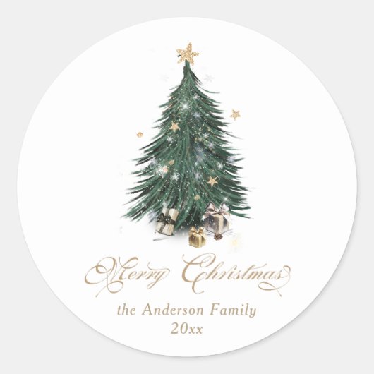 Elegant Gold Green Christmas tree Ronde Sticker (Voorkant)