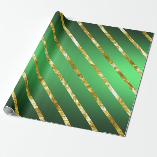 Elegant Gold Green Diagonal Stripes Pattern Cadeaupapier (Uitgerold)