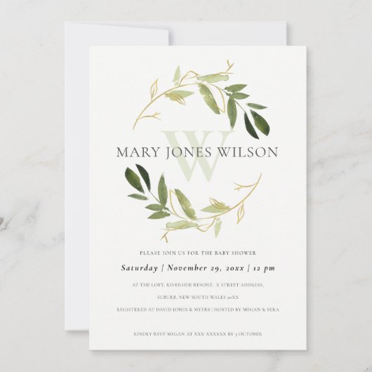 ELEGANT GOLD GREEN FOLIAGE WREATH BABY SHOWER KAAR BEDANKKAART (Voorkant)