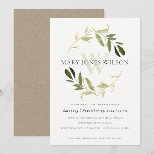 ELEGANT GOLD GREEN FOLIAGE WREATH BABY SHOWER KAAR BEDANKKAART (Voorkant / Achterkant)