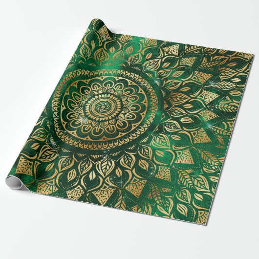 Elegant Gold Green Mandala Floral Cadeaupapier (Uitgerold)