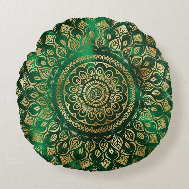Elegant Gold Green Mandala Floral Rond Kussen (Voorkant)